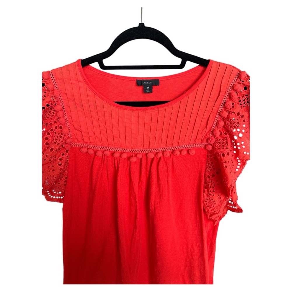 J Crew Eyelet Flutter-Sleeve Top with Pom-Pom Trim Orange Size Medium - Picture 2 of 3